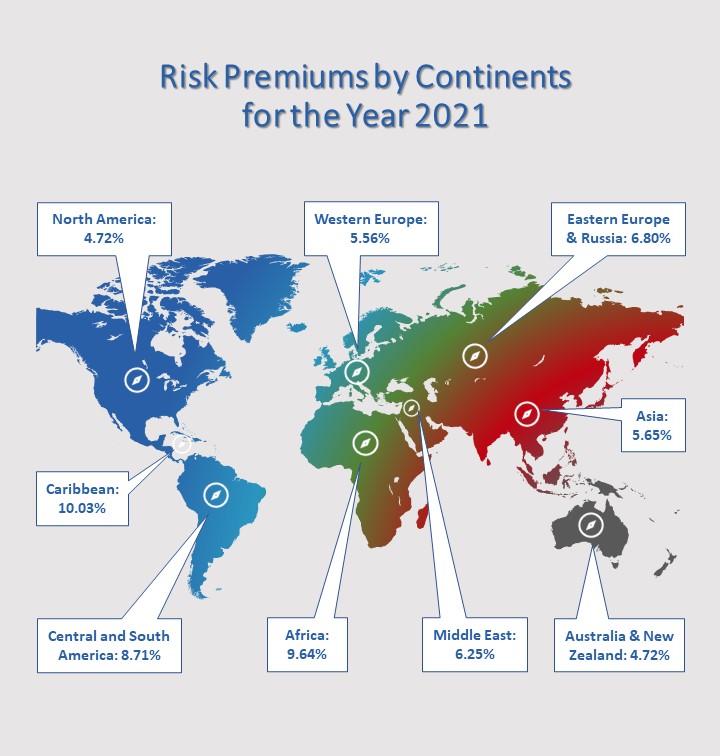 Equity Risk Premiums By Continents for 2021 the world map containing the equity risk premiums in different continents and regions